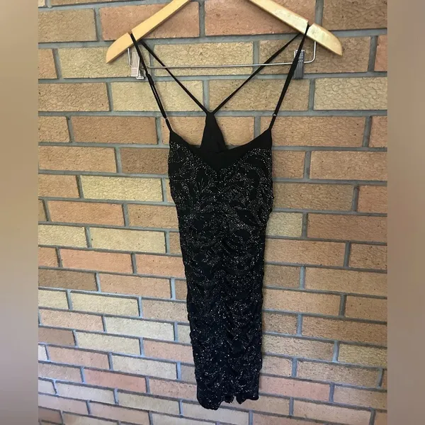 NWT AFRM Black Rhinestone Mini Rouched Cocktail Dress w/ Flower Size Small HOCO - Image 4