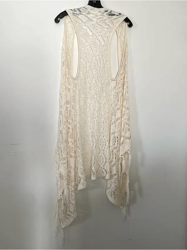 Boho Crochet Knit Fringe Duster Cardigan Womens Large Cream White Festival Beach - Image 5