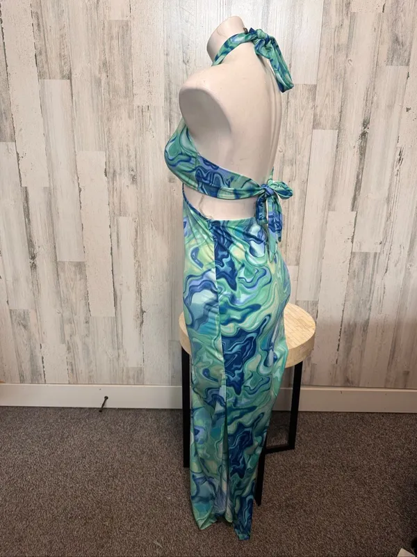 Haute Monde Cutout Maxi Dress Womens Small Blue Green Swirl O-Ring Halter Neck - Image 6