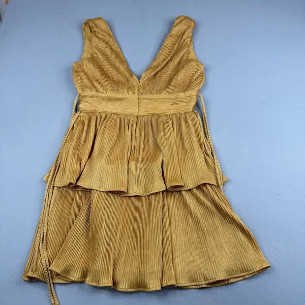 Lena Gold Pleated Tiered Mini Dress Deep V Neck Side Tie Party Dress Small - Image 5