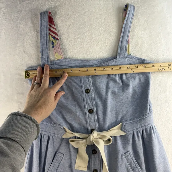 Anthropologie Allihop Sz L Apron Front Dress‎ Picnic Knee Length Blue Button Up - Image 9