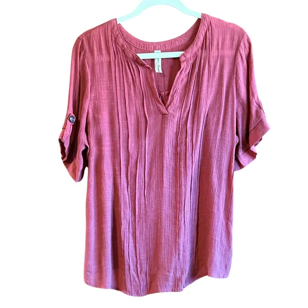 Perception Concept Women XL Mauve Red Pintuck V-Neck Roll Tab Sleeve Blouse - Image 2