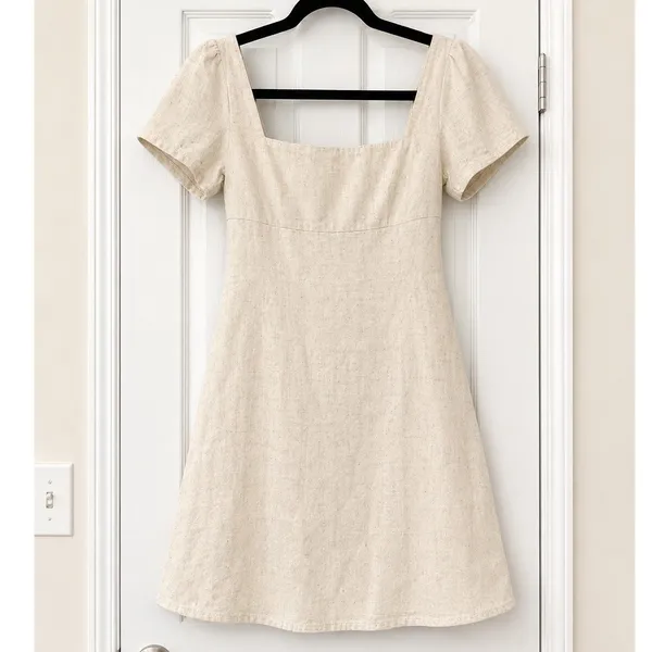 Princess Polly Beige Linen Blend Square Neck Puff Sleeve Mini Shift Dress 0 XS - Image 2