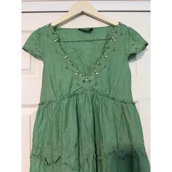BCBGMaxAzria BCBG Voile Celedon Eyelet Sundress Peasant‎ Bohemian Dress Spring - Image 4