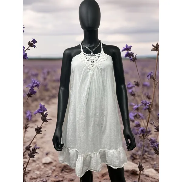 Lei White Crochet Halter Mini Dress Boho‎ Beach Cover Up Size S - Image 2