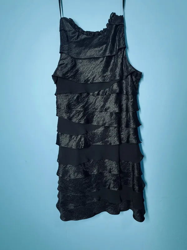 S.L. Fashions Size 14 Black Embellished Tiered Ruffle Cocktail Mini Dress - Image 11
