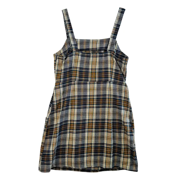 American Eagle Plaid Pinafore Dress Made‎ in Italy Brown Navy Sz M Pockets Mini - Image 2