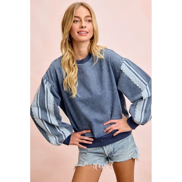 BiBi Washed Denim‎ Lace Contrast Sided Sweatshirt - Image 7