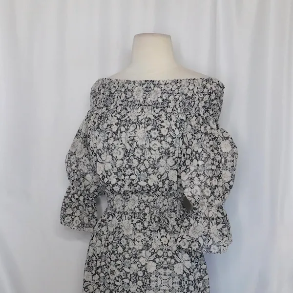 MISA Los Angeles Floral Smocked Midi Dress Black Gray Pink‎ Off Shoulder X-Small - Image 7