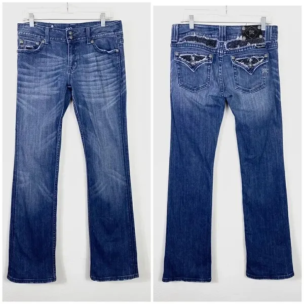 Miss Me Dark Wash Low Rise Rhinestone Embellished Flap Pocket Bootcut Jeans - Image 2