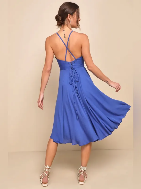 Lulus Troulos Royal Blue Lace Up Midi Dress Size M NWT Open Back Rayon - Image 2