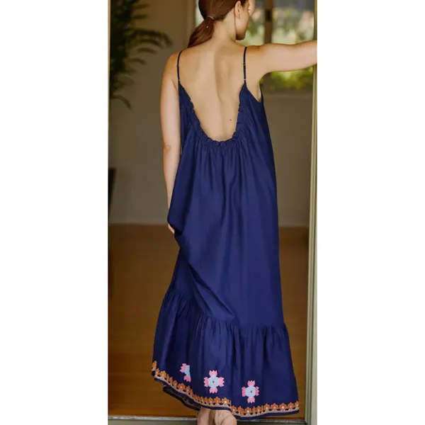 Anthropologie Malika Embroidered Dress Low Scoop Back Ruffle Hem Navy Blue XS - Image 5