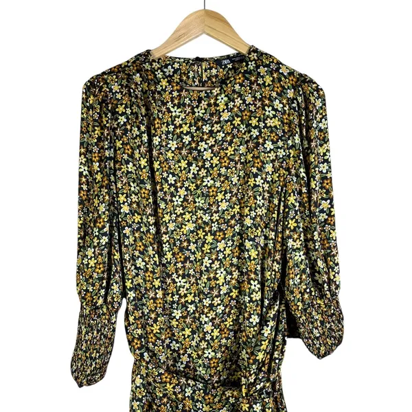 Zara Ditsy Floral Print Mini Dress Yellow Brown Boho Smocked Cuff Size M - Image 4