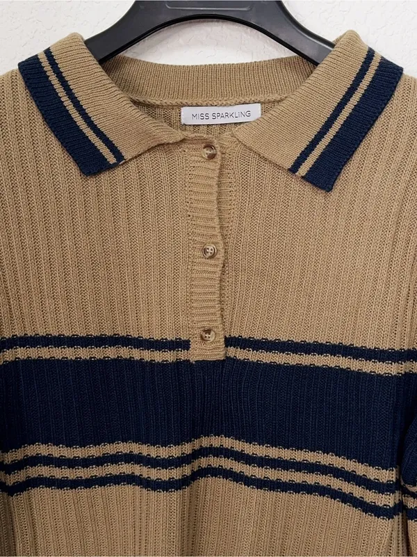 Miss Sparkling Camel Navy Striped Polo Collar Knit Sweater - Image 3