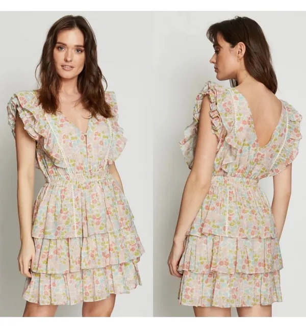 Love The Label Mini Dress Small Pink Green Ines Floral Printed Tiered Ruffle - Image 2