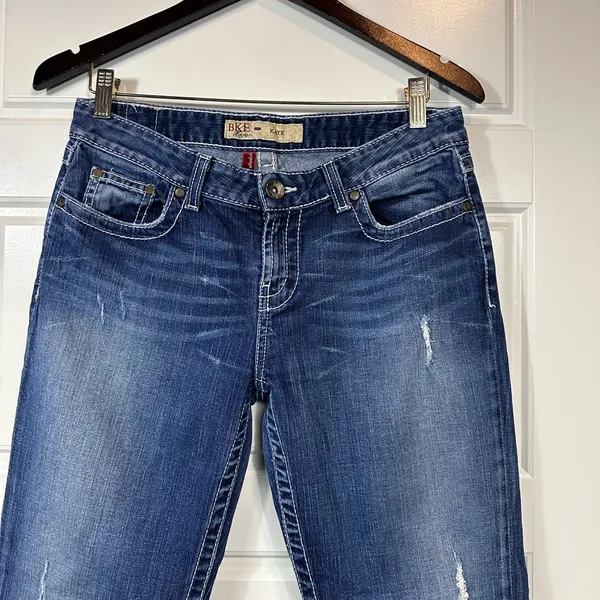 BKE Buckle Mid Rise Dark Wash Distressed Embellished Bootcut Kate Jeans Size 30 - Image 3