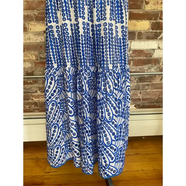 Daphne Lo Blue White Embroidered Off-Shoulder Ruffle Maxi Dress Tiered Cotton L - Image 3
