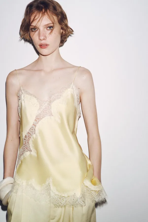 Zara Lace-Trim Satin Cami Top in Pale Butter Yellow - Image 4