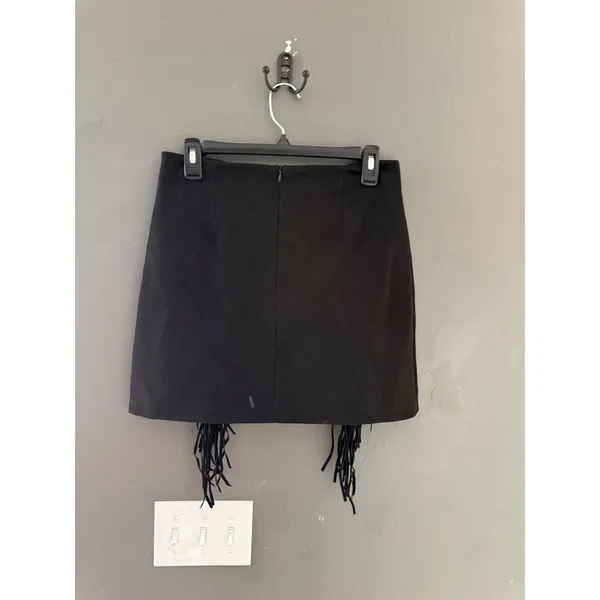 Western Black Faux Suede Fringe Mini Skirt Western Boho A-Line Size Medium - Image 4