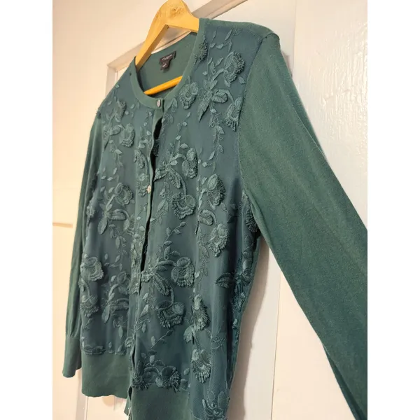 Ann Taylor Factory Teal Green Floral Embroidered Mesh Cardigan Sweater Large - Image 5