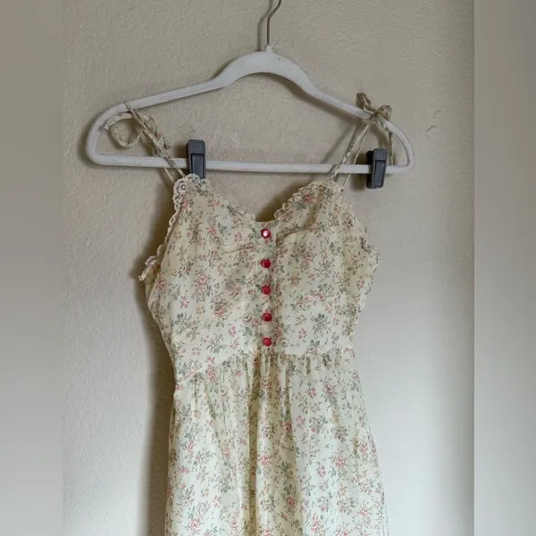 Vintage 70s Candi Jones Ditsy Floral Sun Maxi Dress Sz‎ XXS Strappy Ties Yellow - Image 2