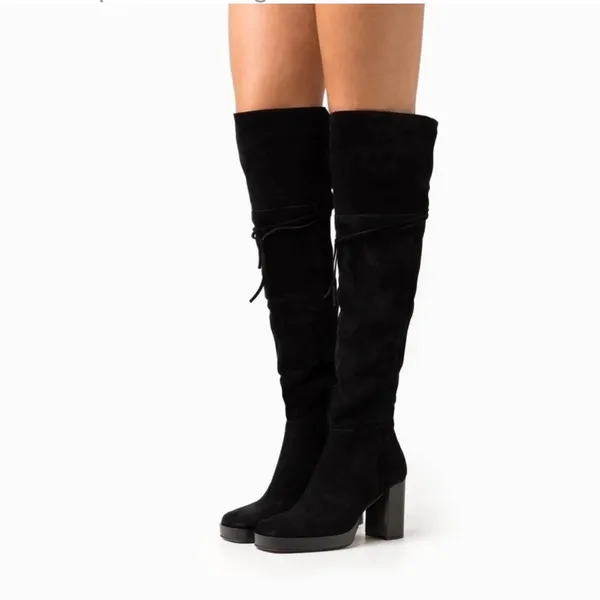 Free People Black Tall Boots Size 8 Leather Platform Square Toe Heeled - Image 3