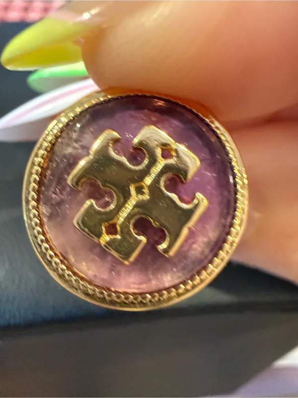 Tory Burch | Gold Plated Logo & Natural Purple Stone Ring | Size 8 - Image 3