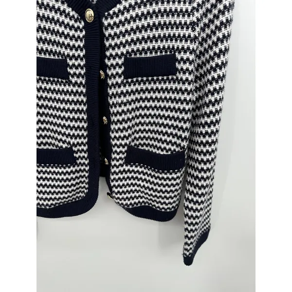 Free Assembly Womens Navy White Textured Knit Gold Button Cardigan Sweater M - Image 5
