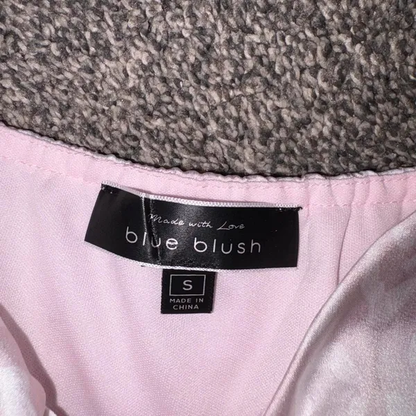 Blue Blush pink satin top with white leopard print, size S - Image 2