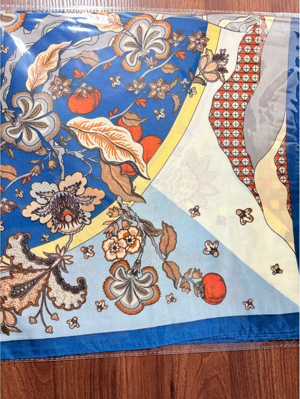 Elegant Blue Scarf with Orange and Beige Floral Pattern, Versatile Square - Image 4