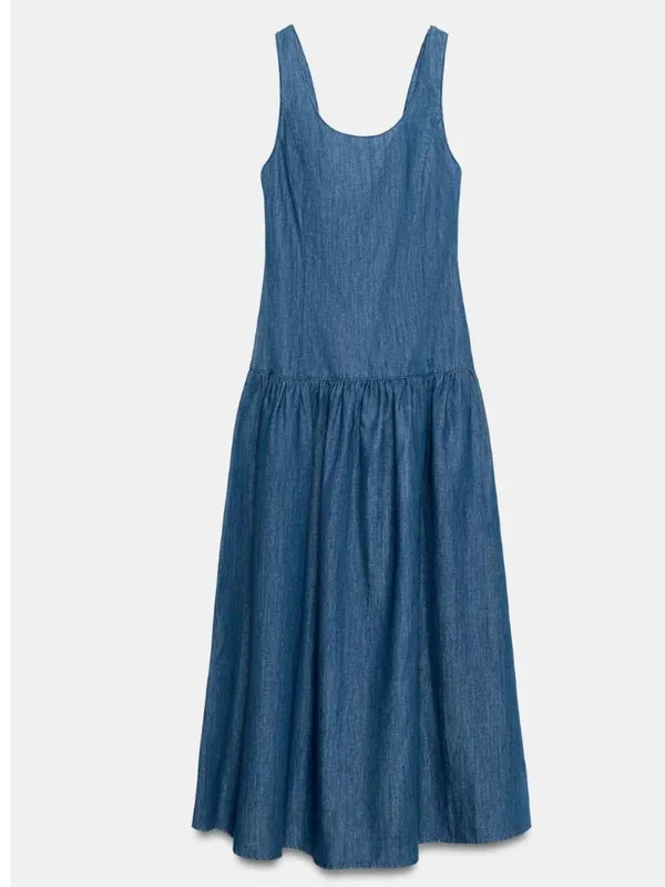 NWOT ZARA MIDI CAPE Denim SKIRT DRESS Medium Blue Cotton Linen Blend - Image 6