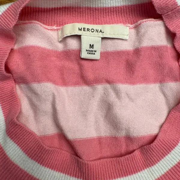 Merona Pink Striped Crew‎ Neck Long Sleeve Sweater Women Size M - Image 3