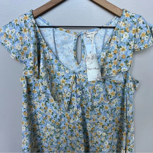 Hem & Thread NWT Peony Floral Ruffle Mini Dress Blue and Yellow Linen Size Small - Image 7