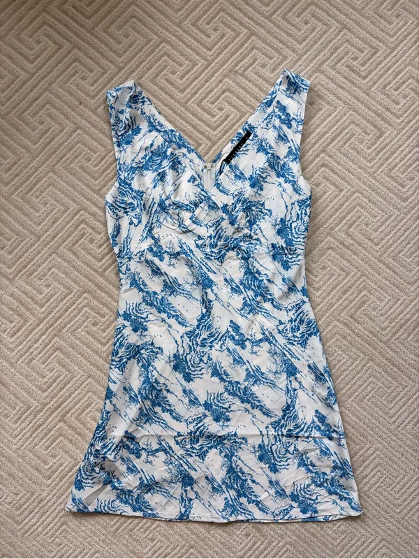 Hello Molly Blue and White Satin Mini Dress - Image 4