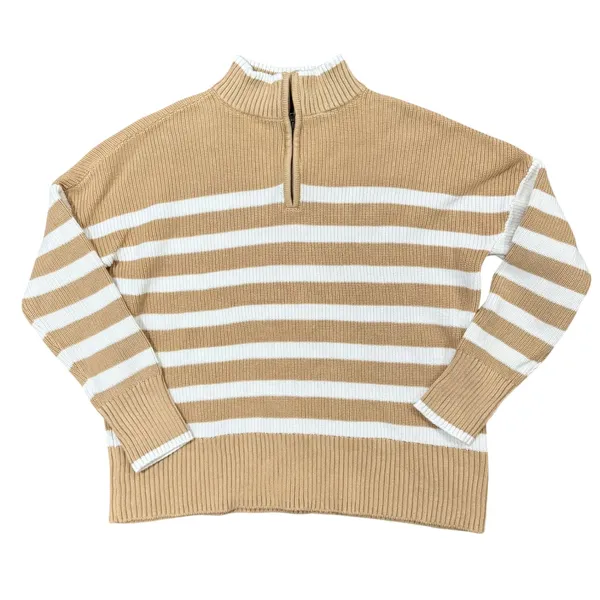 Lands' End Women Quarter Zip Sweate Tan White striped Women's size Large (12-14) - Image 2