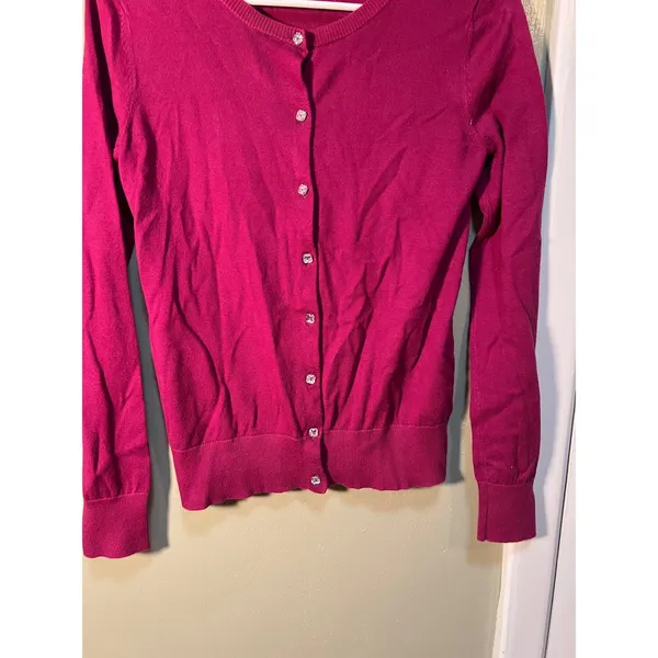 Loft Women's Sz XS Cardigan Sweater Crewneck Magenta Pink Jeweled Buttons Cotton - Image 5