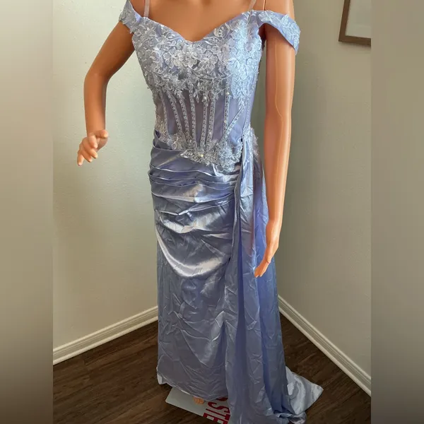 Lavender Lace Corset Formal Gown Off Shoulder Satin Dress - Image 4