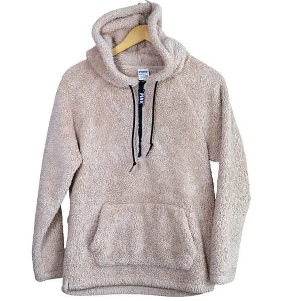 PINK Victoria's Secret Sherpa Teddy‎ Fleece Hoodie XS Beige Quarter Zip Pullover - Image 4