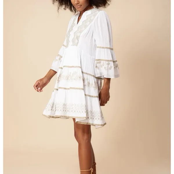 Hale Bob White Gold Embroidered Boho V Neck Tiered Gauze Taliah Dress MEDIUM - Image 2