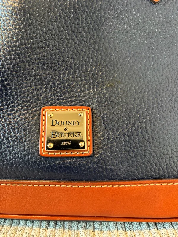 Dooney & Bourke Pebbled Leather Dome Satchel Bag Navy Blue Brown Trim - Image 2