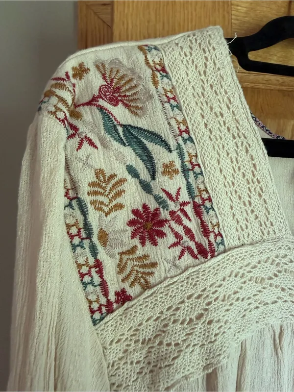 Knox Rose Cream Boho Embroidered Long Sleeve Blouse Square Neck XXL Boho - Image 2