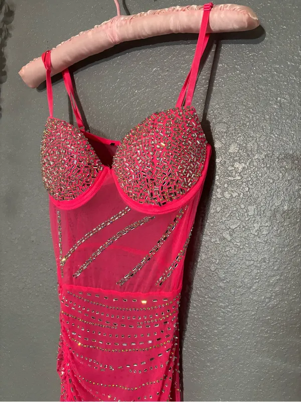 Hot Pink Embellished Mesh Bodycon Dress - Image 5