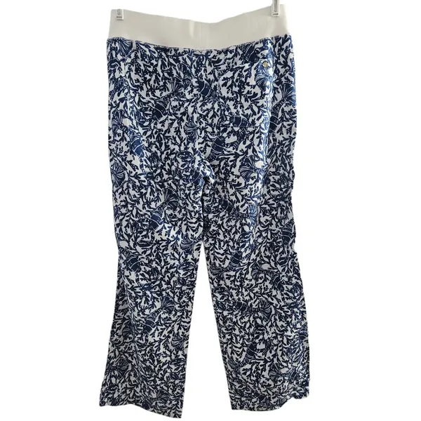Lilly Pulitzer Women's Beach Mid Rise Linen Palazzo Pants Oyster Bay Blue White - Image 10