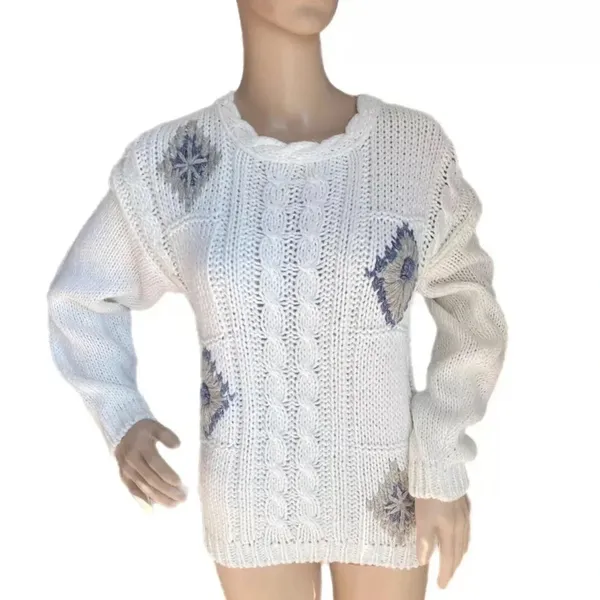 VINTAGE 80s SHENANIGANS Women’s White Sweater Hand Knitted Flower Design Small - Image 2