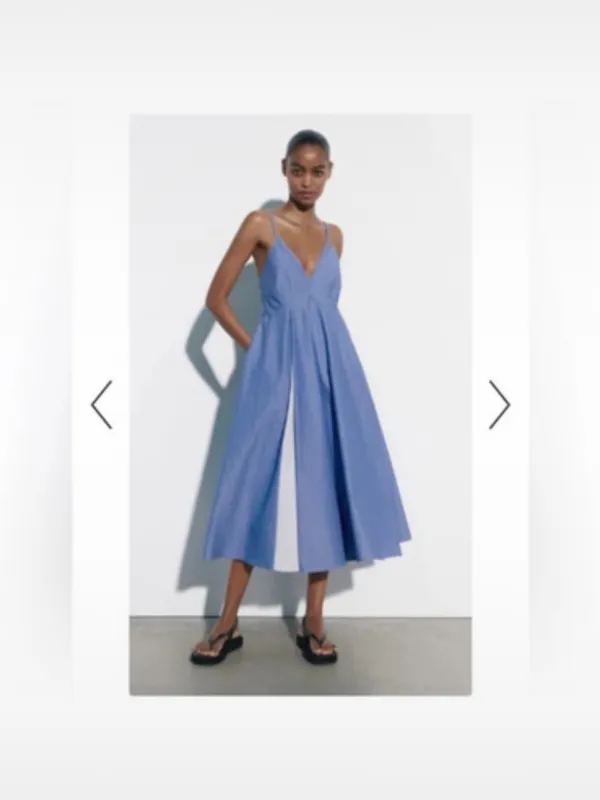 Zara Blue-and-White Panel Spaghetti-Strap Midi Dress - Image 3