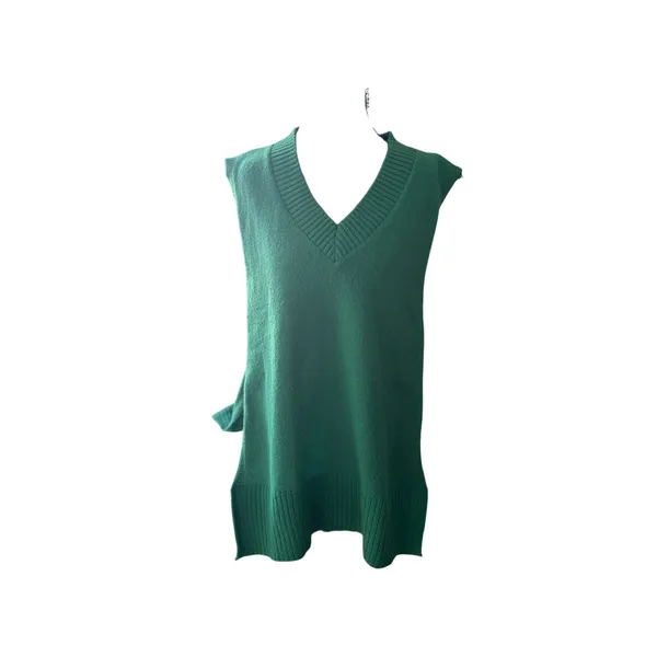 Green Knit Sweater Vest Medium Oversized V Neck Sleeveless Preppy Layering - Image 3