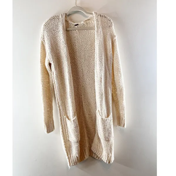 Free People Crochet Knit Open Cardigan Sweater Duster Cream Tan Small - Image 2