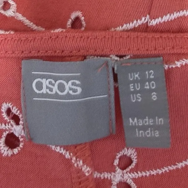 Asos Orange Floral Embroidered Eyelet Puff Long Sleeve V-Neck Blouse Top Size 8 - Image 3