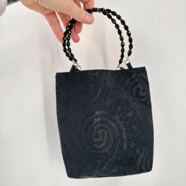 Vintage 90s Das Women's Swirl Print Textured Beaded Strap Purse Mini Bag‎ Black - Image 7