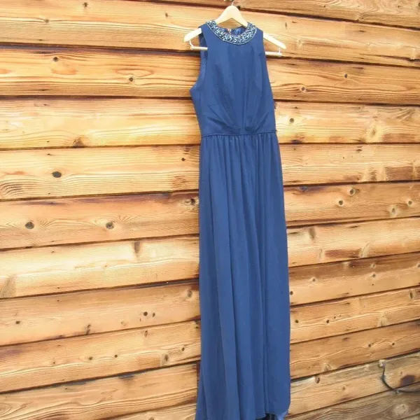 NWT Mac Duggal 55147 Navy Bejeweled Neckline Pleated Chiffon Gown MISMARKED SIZE - Image 7